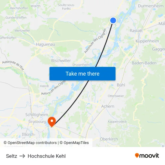 Seltz to Hochschule Kehl map