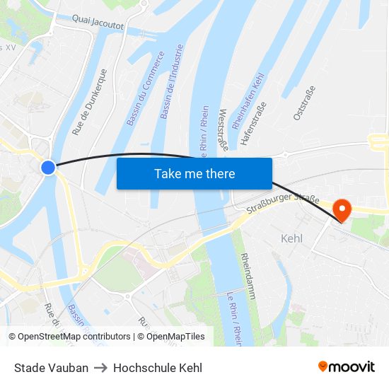 Stade Vauban to Hochschule Kehl map