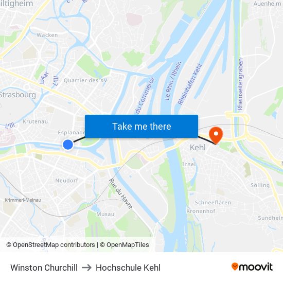 Winston Churchill to Hochschule Kehl map