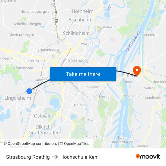 Strasbourg Roethig to Hochschule Kehl map
