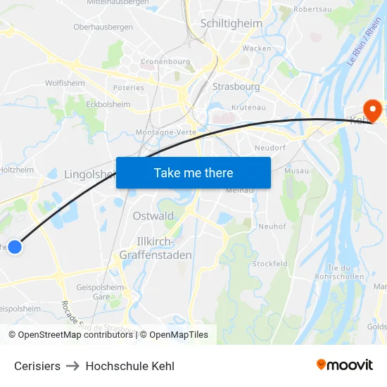 Cerisiers to Hochschule Kehl map