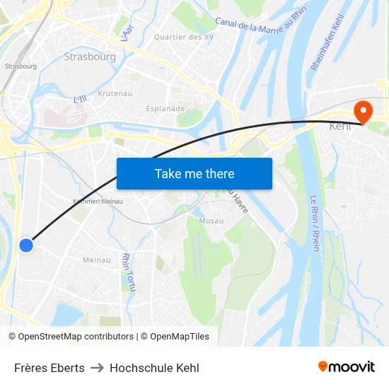 Frères Eberts to Hochschule Kehl map