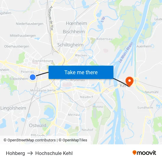 Hohberg to Hochschule Kehl map