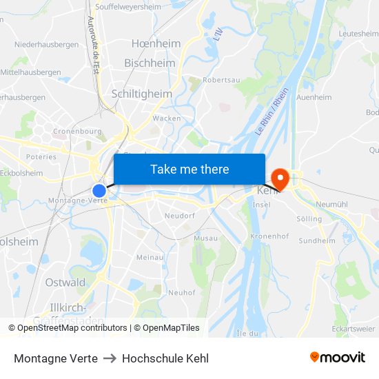 Montagne Verte to Hochschule Kehl map