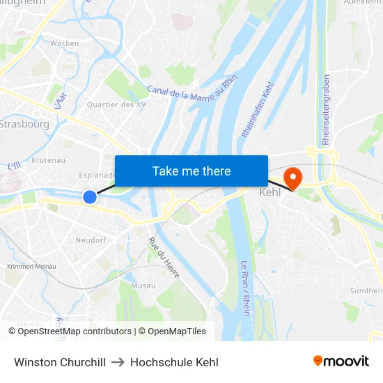 Winston Churchill to Hochschule Kehl map