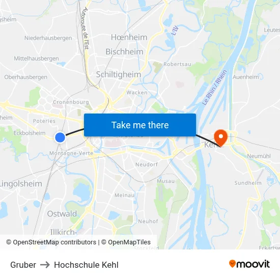 Gruber to Hochschule Kehl map