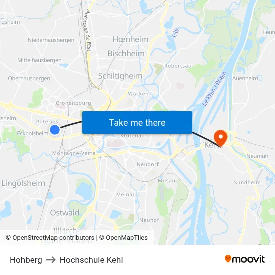 Hohberg to Hochschule Kehl map