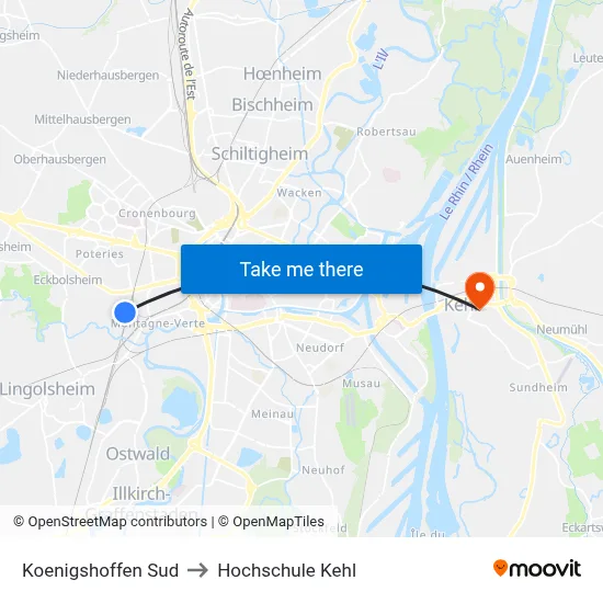 Koenigshoffen Sud to Hochschule Kehl map