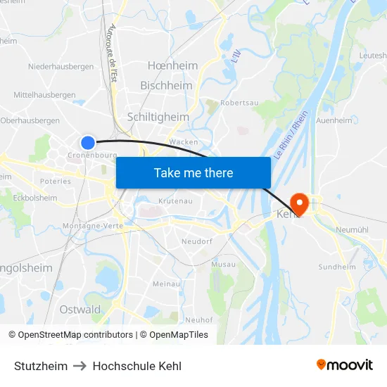 Stutzheim to Hochschule Kehl map