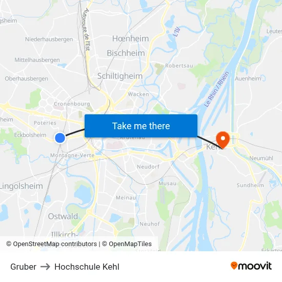 Gruber to Hochschule Kehl map