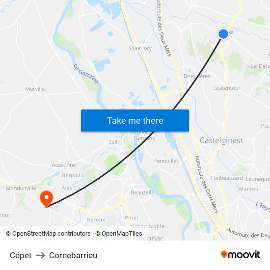 Cépet to Cornebarrieu map
