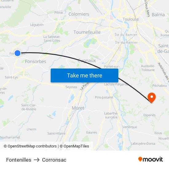 Fontenilles to Corronsac map