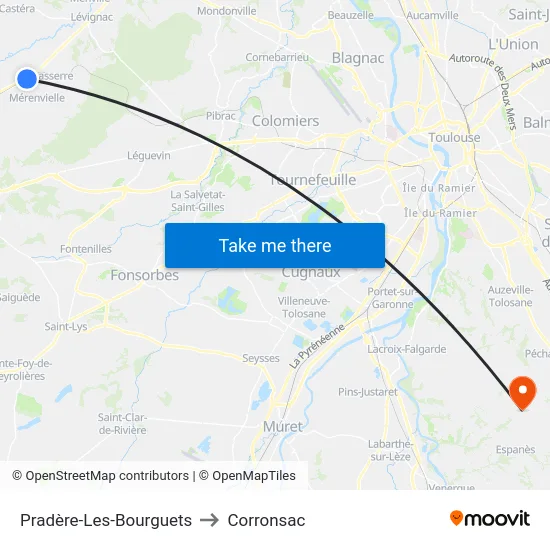 Pradère-Les-Bourguets to Corronsac map