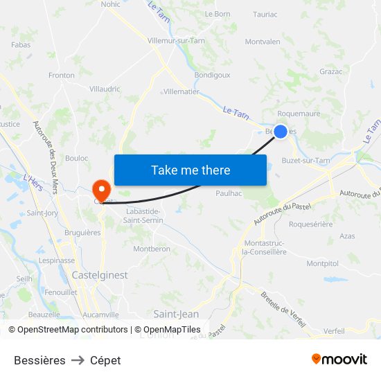 Bessières to Cépet map