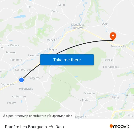 Pradère-Les-Bourguets to Daux map