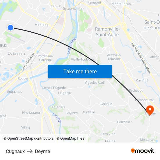 Cugnaux to Deyme map