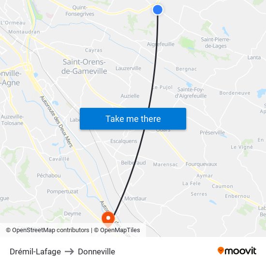 Drémil-Lafage to Donneville map