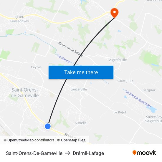 Saint-Orens-De-Gameville to Drémil-Lafage map