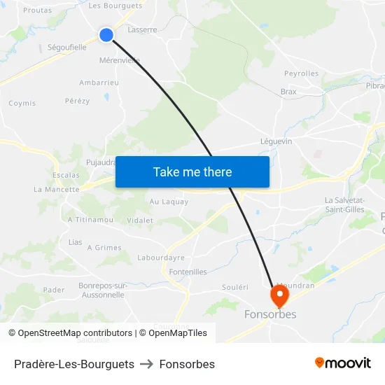 Pradère-Les-Bourguets to Fonsorbes map