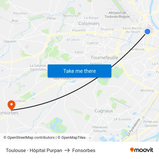 Toulouse - Hôpital Purpan to Fonsorbes map