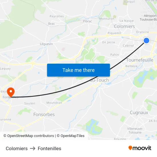 Colomiers to Fontenilles map