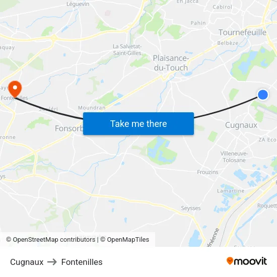 Cugnaux to Fontenilles map