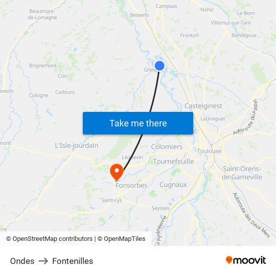 Ondes to Fontenilles map