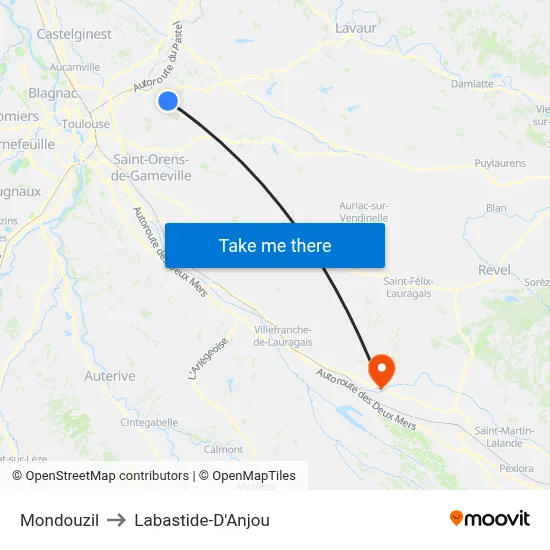 Mondouzil to Labastide-D'Anjou map