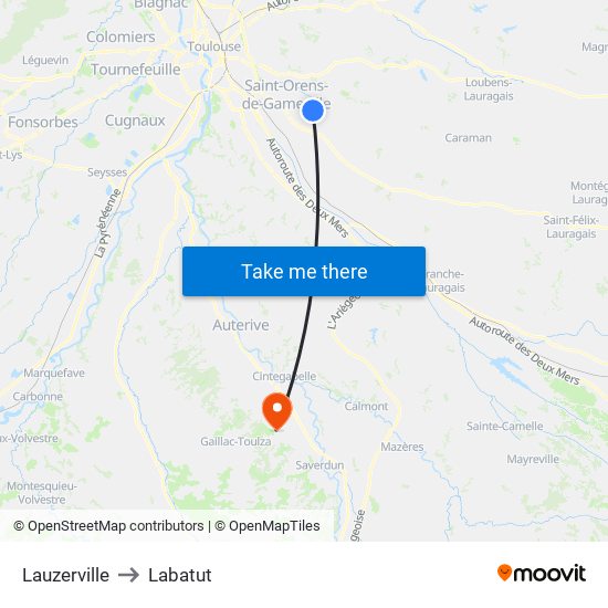 Lauzerville to Labatut map