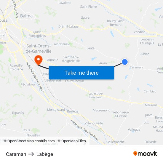 Caraman to Labège map