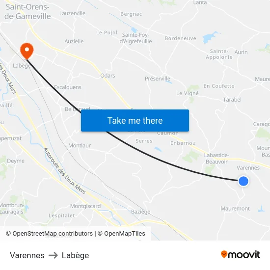 Varennes to Labège map