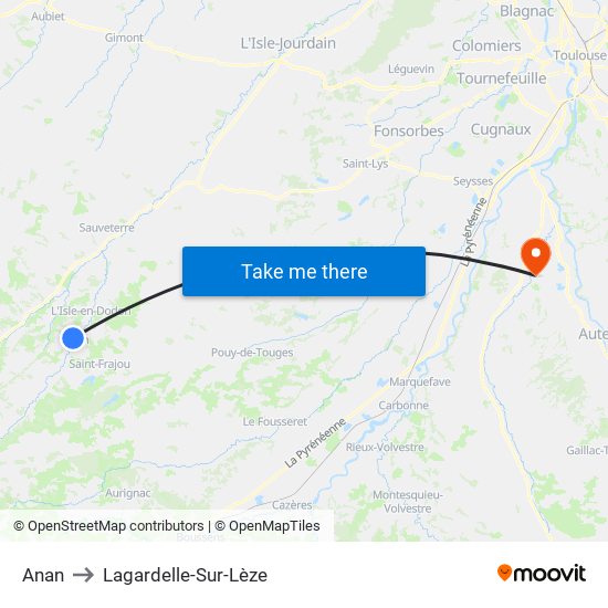 Anan to Lagardelle-Sur-Lèze map