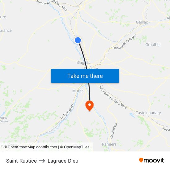Saint-Rustice to Lagrâce-Dieu map