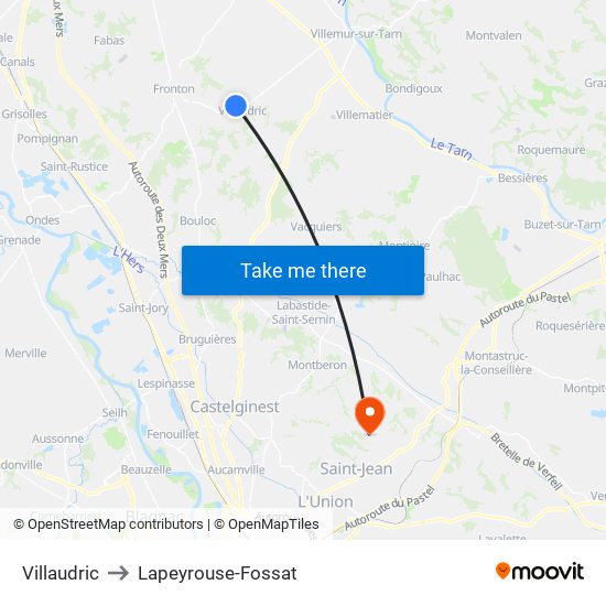 Villaudric to Lapeyrouse-Fossat map