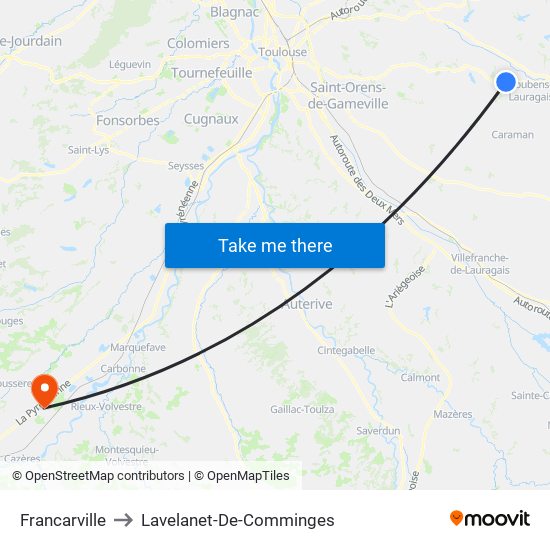 Francarville to Lavelanet-De-Comminges map