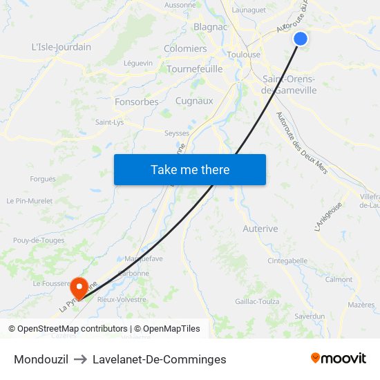 Mondouzil to Lavelanet-De-Comminges map