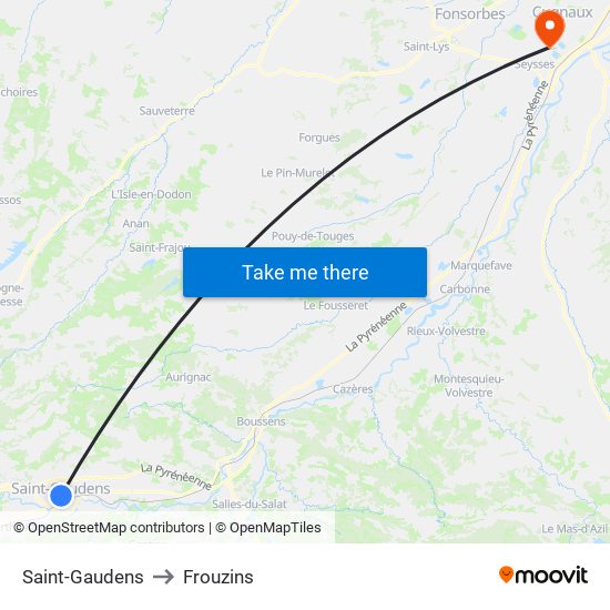 Saint-Gaudens to Frouzins map