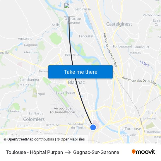 Toulouse - Hôpital Purpan to Gagnac-Sur-Garonne map