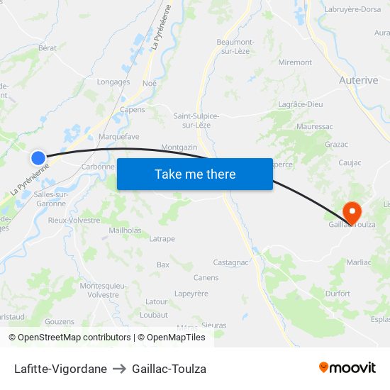 Lafitte-Vigordane to Gaillac-Toulza map
