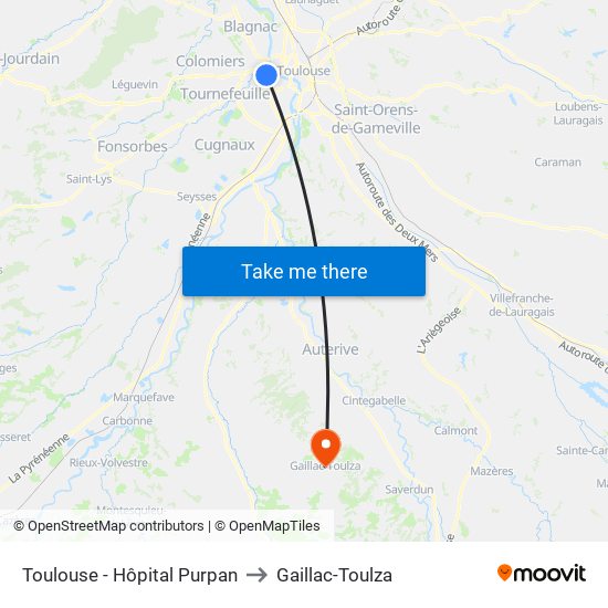 Toulouse - Hôpital Purpan to Gaillac-Toulza map