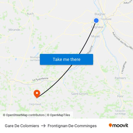 Gare De Colomiers to Frontignan-De-Comminges map