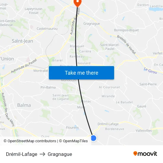Drémil-Lafage to Gragnague map