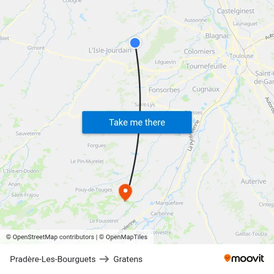 Pradère-Les-Bourguets to Gratens map