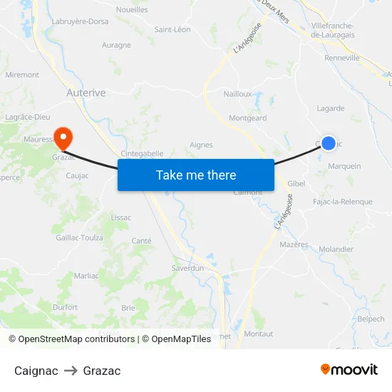 Caignac to Grazac map