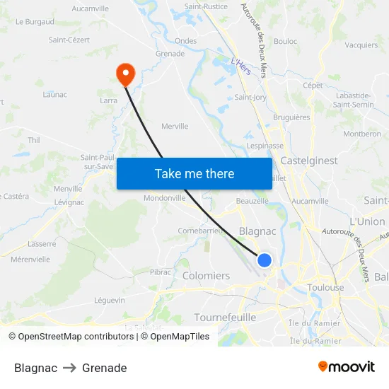 Blagnac to Grenade map