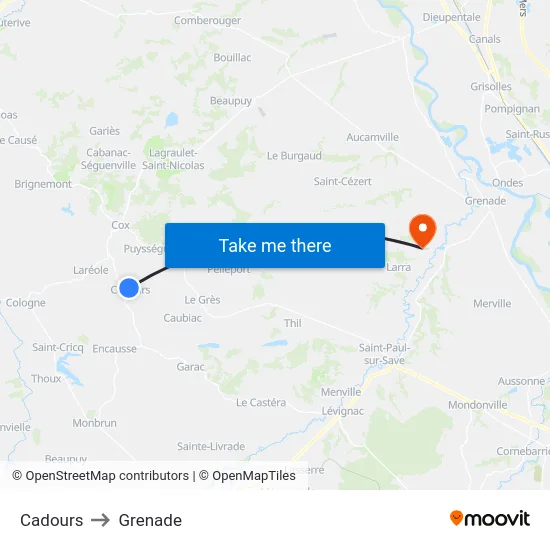 Cadours to Grenade map