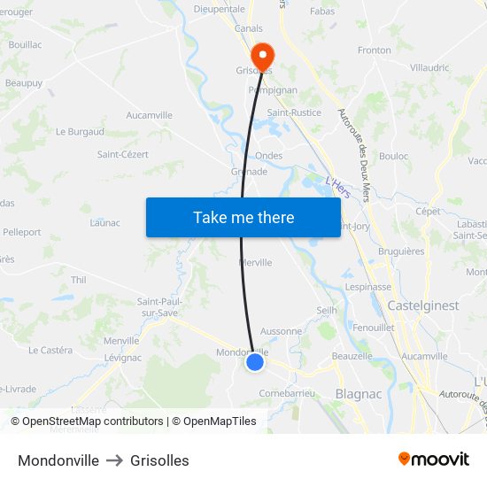 Mondonville to Grisolles map