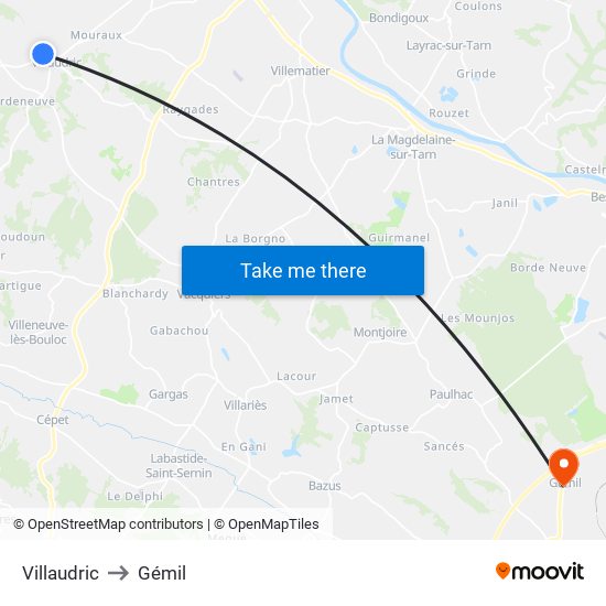 Villaudric to Gémil map