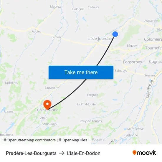 Pradère-Les-Bourguets to L'Isle-En-Dodon map