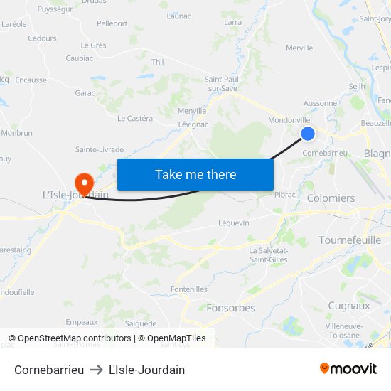 Cornebarrieu to L'Isle-Jourdain map
